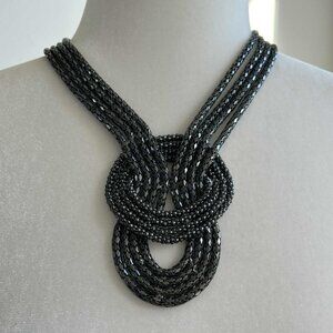 Gunmetal Beaded Multi-Strand Sculptural Knot Statement Necklace – OS